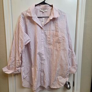 LOFT Women's Pink White Stripe Button Down Oversized Shirt Top Size L